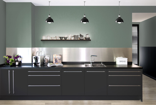 ROOMMATES, Düsseldorf, Katharina Hagemann, Grafik Designer, Nicola Warnholtz, Interior Designer, digitale Bildbearbeitung, digitale Ansichten, Farbberatung, farbliche Raumkonzepte, farbige Küchen-wandgestaltung, Wandfarbe Grün, Farrow & Ball Wandfarbe „Card Room Green“, Modern Emulsion